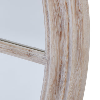 Close-up of the washed wood frame showing the vertical moulded profile and internal divider connection.