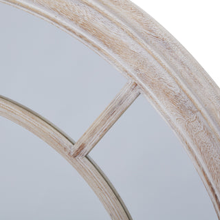 Close-up detail of the washed wood frame texture and internal pane joint.
