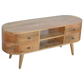 Angled view of the light wood entertainment unit, highlighting the curved ends and natural wood grain texture.