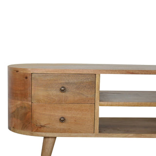 Close-up showing two stacked drawers with circular metal handles next to two open storage shelves.