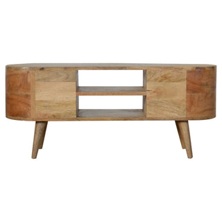 Front elevation of the rounded wooden entertainment unit showing central open shelving and tapered legs.