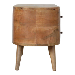 Profile view of the light wood unit showing the curved side, two drawer handles, and tapered legs.
