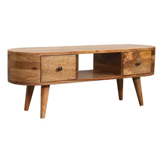 Rounded wooden unit featuring two drawers with dark metal knobs and a central open section.