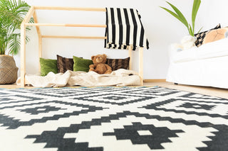 A black and white rug featuring a teddy bear sitting on it, creating a cozy and playful atmosphere.
