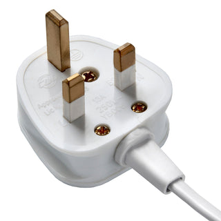 Close-up of the white three-pin UK plug attached to the lamp cable.
