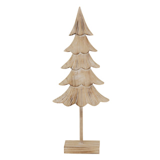 Plain front-on view of a medium rustic fir tree decoration carved from light wood, standing on a square base.