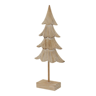 Three-quarter view of the rustic wooden fir tree decoration and rectangular stand.