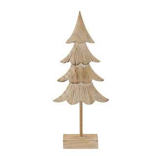 Rustic carved wooden fir tree decoration on a small square stand. Plain front-on studio shot.