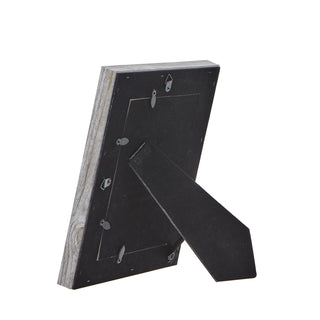 Back view of the rustic grey frame showing the easel stand extended and the metal wall hanging loop.