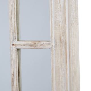 Close detail of the rustic washed wood finish, showing the profile of the outer frame and internal bars.