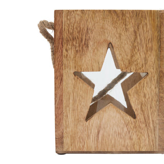 Close-up detail of the rustic wood grain texture and the star cutout on the tealight holder.