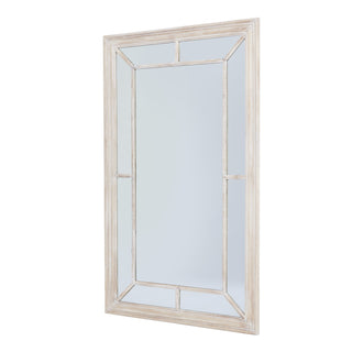 Rectangular mirror with washed wood frame and window pane design, viewed from an angle.