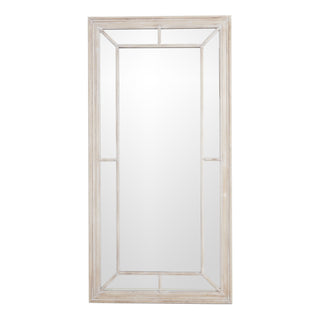 Full length rustic wood mirror with a distressed whitewash finish and internal window pane detailing.