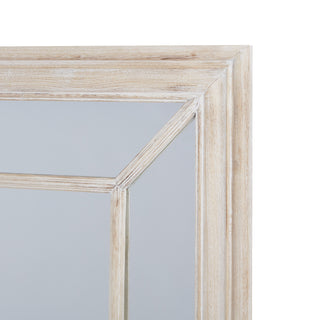 Close-up detail of the rustic whitewash wood frame, showing the distressed finish and internal window pane joint.