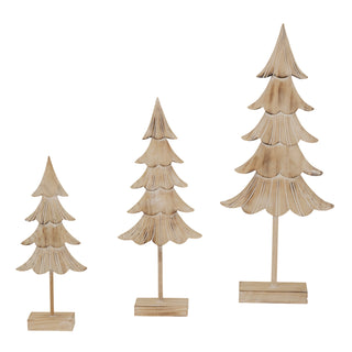 Three rustic wooden fir tree decorations in small, medium, and large sizes shown together.