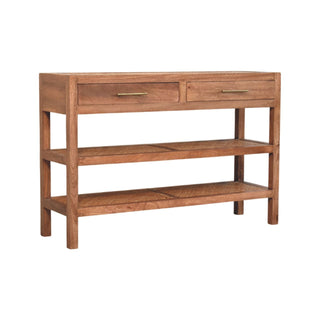 Plain studio shot of the wooden console table with drawers and rattan-panelled shelves.
