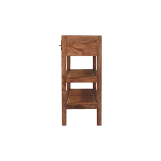 Side view of the wooden console table showing depth and rattan-inlaid shelves.