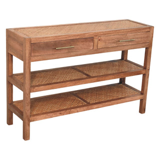 Wooden console table featuring two drawers with brass handles and three surfaces inlaid with woven rattan panels.