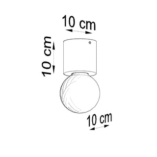 Line drawing diagram of the concrete ceiling lamp and bulb showing dimensions: 10 cm height and 10 cm diameter.