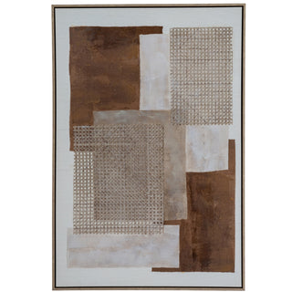 Framed abstract artwork with blocks of brown and cream texture and woven rattan mesh detail.