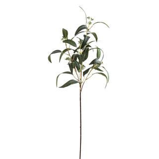 Plain front-on view of the artificial seeded eucalyptus spray with dark green leaves and a long brown stem.