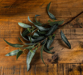 Close-up of the seeded eucalyptus spray and textured leaves resting on a rustic wooden surface.
