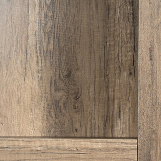 Detail of the bookcase corner where vertical and horizontal wood-effect panels meet.