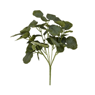 Artificial eucalyptus bunch featuring rounded, textured dark green leaves and a central stem.