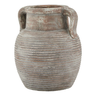 Front view of a brown ceramic amphora pot with two handles and horizontal ridged texture.