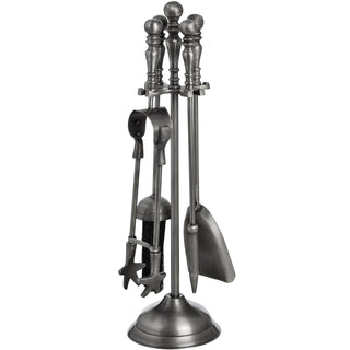 Full set of silver nickel fireplace tools including poker, brush, shovel, and tongs, displayed on a stand.