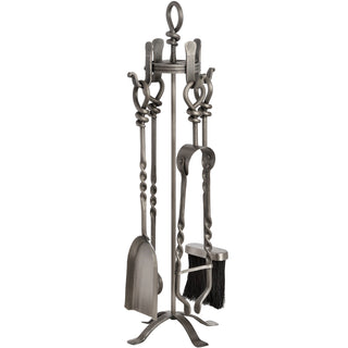 Front view of the four-piece fireplace tool set in silver nickel finish on its tripod stand.