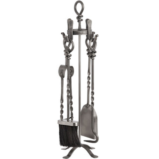 Complete four-piece silver nickel fireplace tool set on a stand, featuring twisted metal handles.