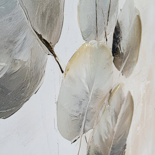 Detail of the artwork showing glossy, thick paint applied to the neutral leaf shapes against the matte background.
