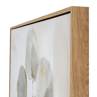 Side view showing the thick light wood frame surrounding the canvas and the textured, neutral abstract artwork.