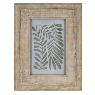 Front-on view of a rectangular picture frame with distressed light wood texture. It holds a print of green leafy fronds.
