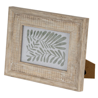 Angled view highlighting the rough, distressed grain and mitred joint of the light wood frame.