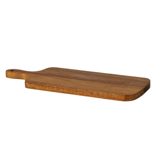Rectangular acacia serving board viewed from a low angle, showing the depth and rounded corners.