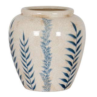 Cream crackle-glazed vase with blue painted leaf and fern patterns, shown front-on.