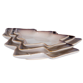 Four pale grey ceramic tree dishes stacked, showing the dark mottled brown edges and layered profile.