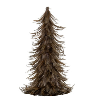 Conical decorative tree made entirely of layered dark fawn feathers on a white background.
