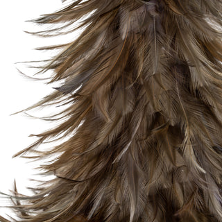 Detailed view showing the layered, fluffy texture of the individual dark fawn feathers.