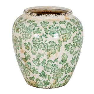 Cream ceramic vase with all-over green clover pattern and distressed rim. Crackled glaze finish.