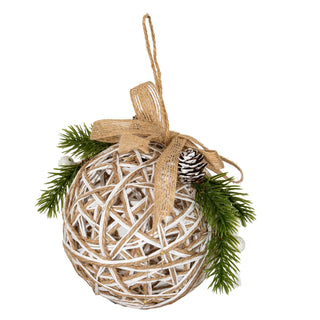 Woven bauble of white and natural rattan, decorated with a jute ribbon bow, artificial pine branches, and a pinecone.