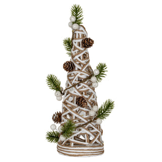 Woven white and brown rattan cone tree decorated with artificial pine branches, white berries, and small pine cones.