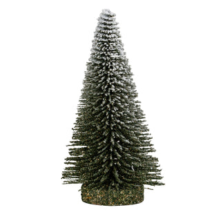Plain front-on view of the small dark green conical brush tree dusted with white flocking, standing on a round base.