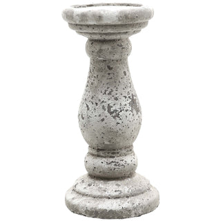 Plain front-on view of the pedestal candle holder, featuring a distressed grey ceramic finish with dark speckling.