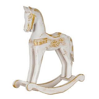 Plain product shot of a small whitewashed wooden rocking horse with distressed gold accents.