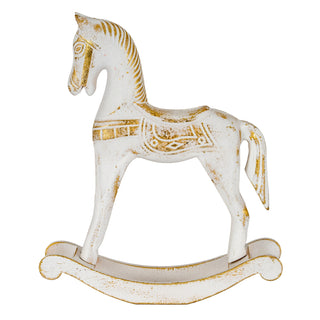 Full side profile of the rocking horse, showing the distressed white paint and gold detailing on the saddle and mane.