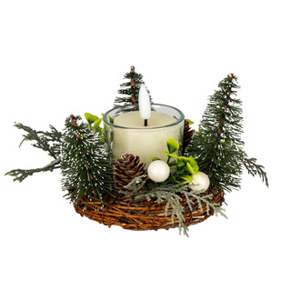 Wicker candle wreath featuring three brush trees, pinecones, white berries, and a central LED votive.