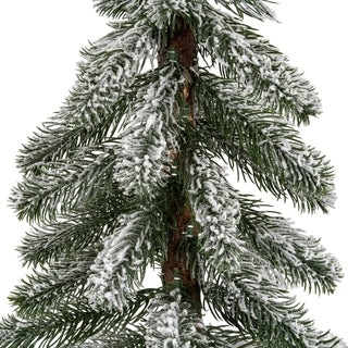 Detail shot of the artificial pine tree trunk and heavily flocked green needles.